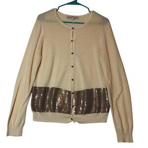 LOFT Beige Cardigan Sweater w/ Bronze Sequins Size Large Linen Cotton Blend
